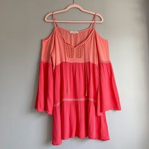 Altar’d State Orange and Coral Bell Sleeve Cold Shoulder Dress
